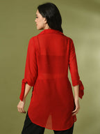 Myshka Women's Red Solid Georgette Longline Party Sheer Tunic | Grocsy