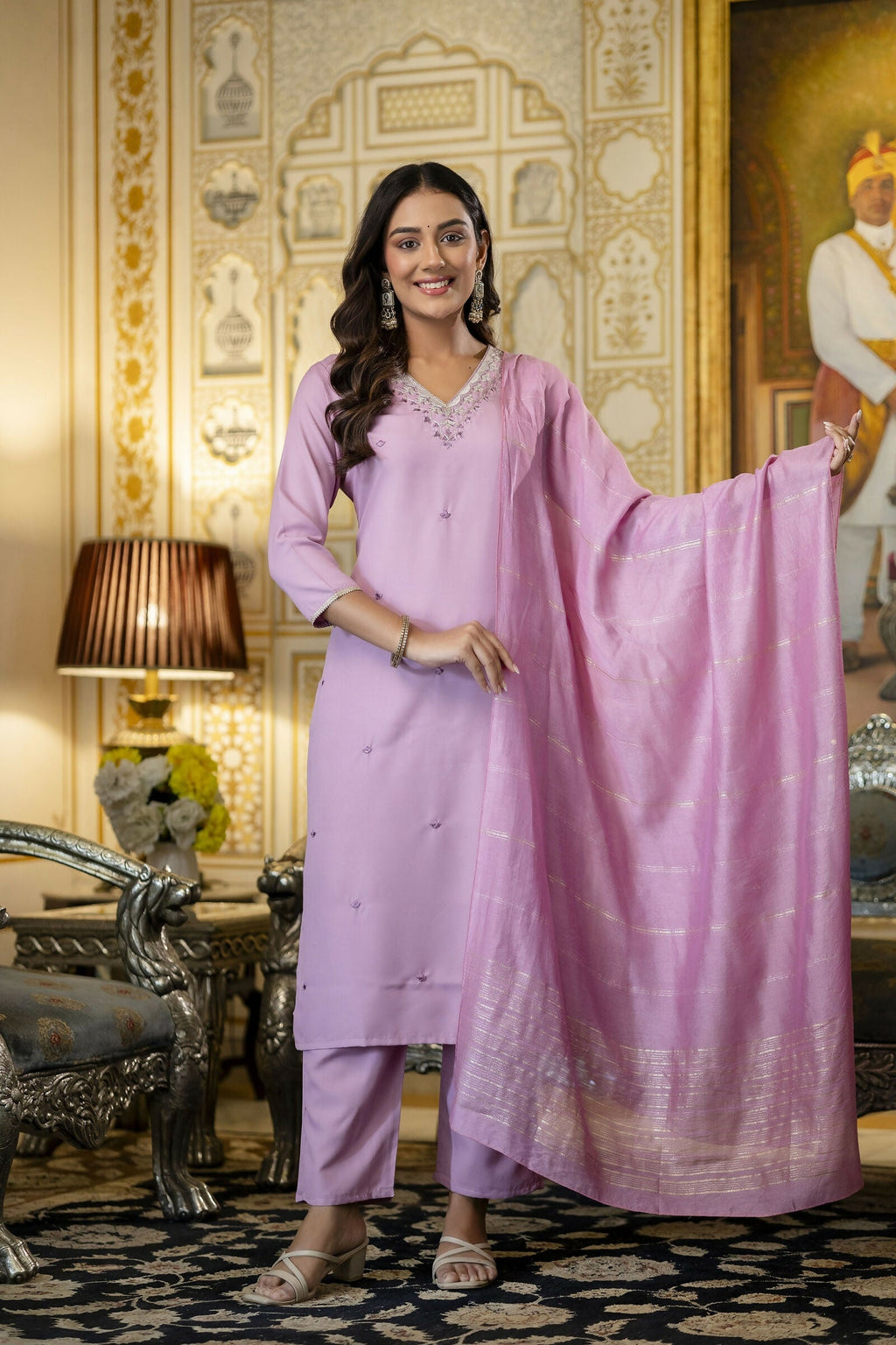 The52 Women's Beautiful Embroidery Work Viscose Rayon Fabric Straight Kurta Pant and Dupatta Set | Grocsy