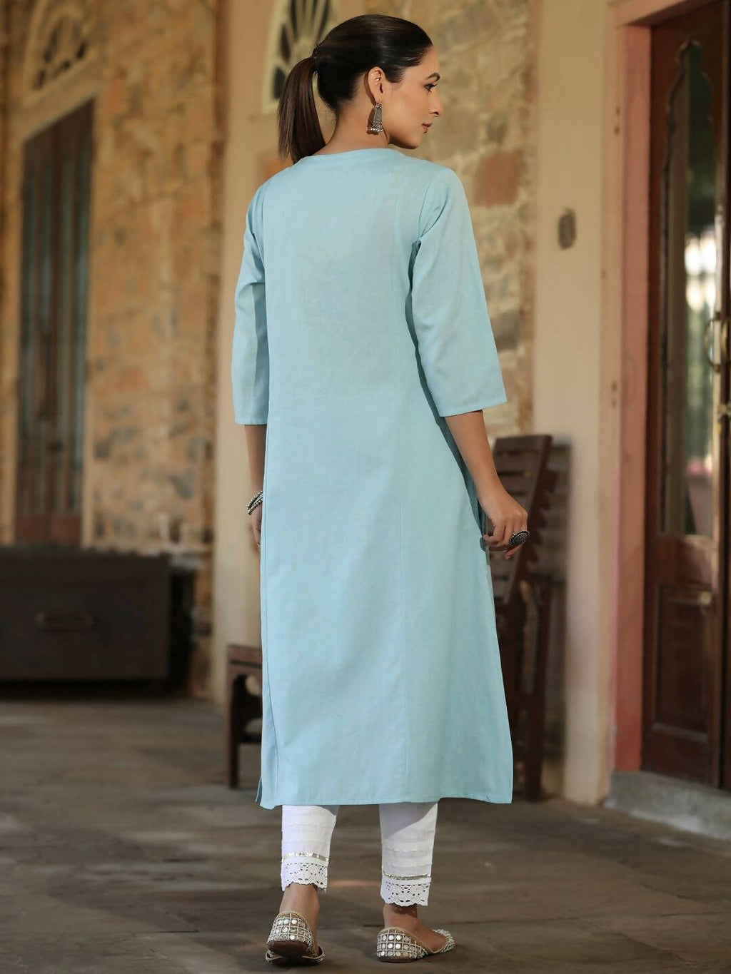 Juniper Women's Blue Cotton Flex Embroidered Straight Kurta | Grocsy