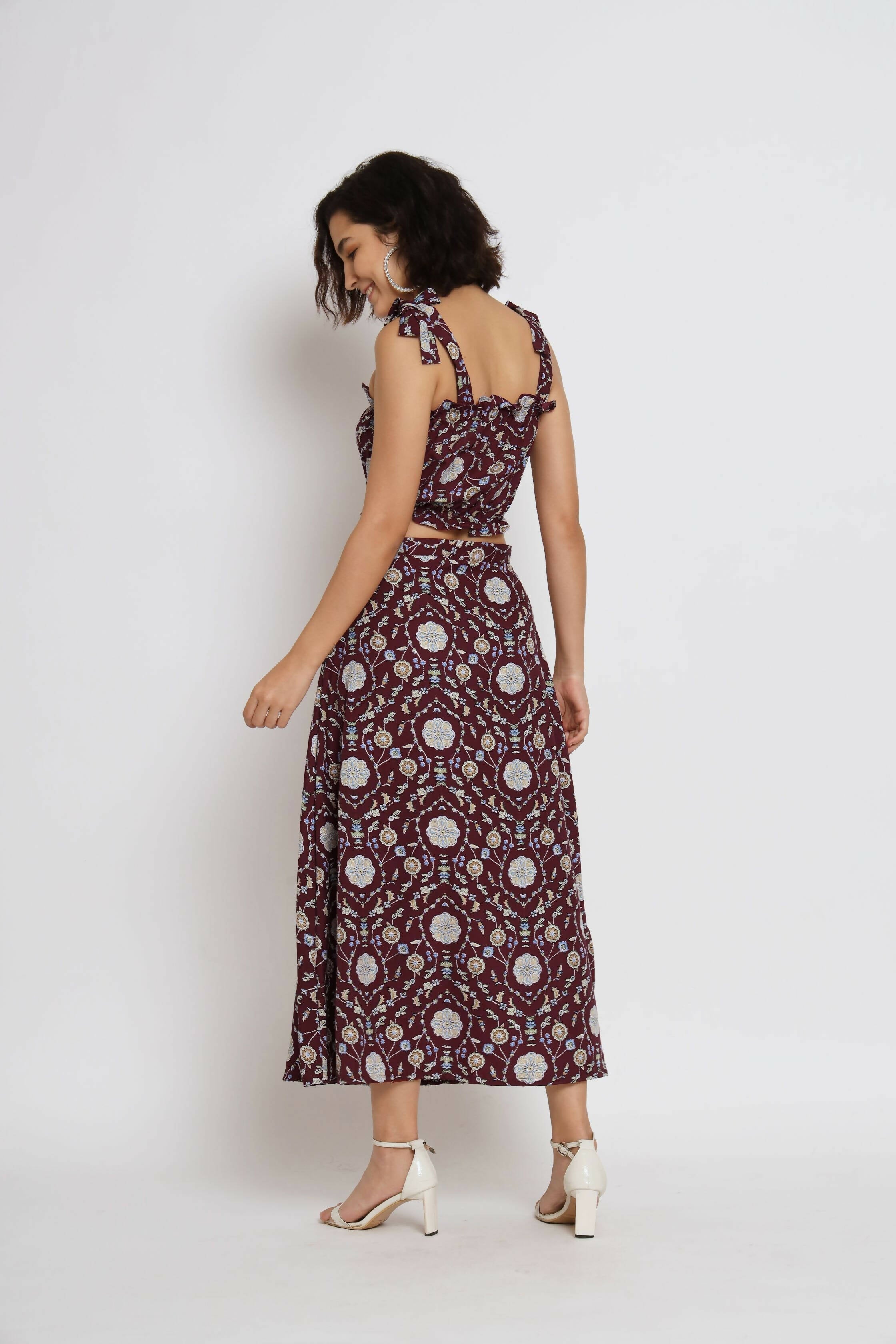 Wine Crepe Floral Printed Top with Matching Skirt - Shivani | Grocsy
