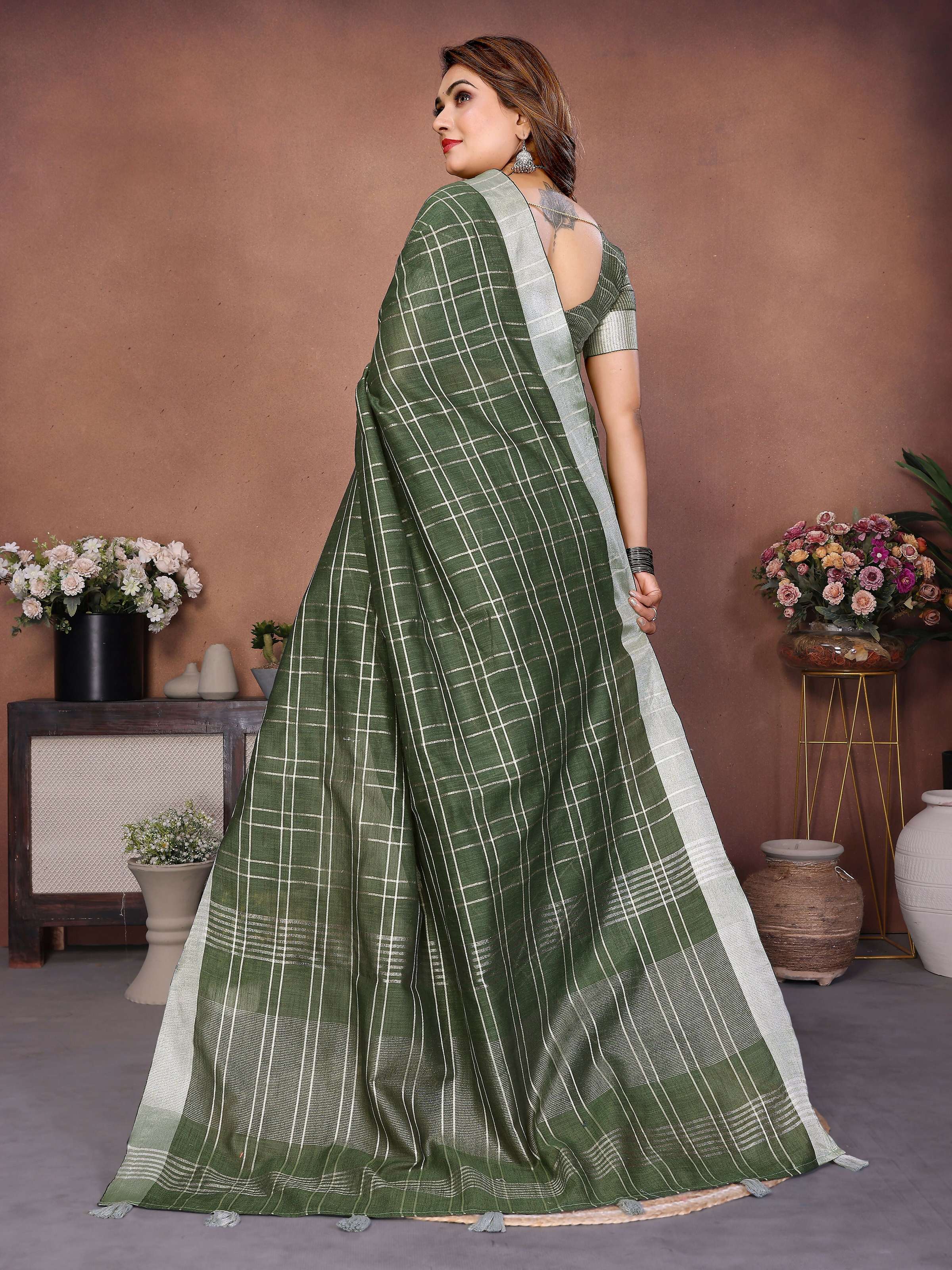 Aastha Fashion Mehndi Linen Weaving Saree | Grocsy