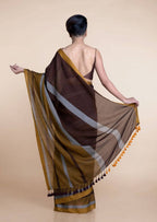 Suta Brown Yellow Colourblocked Mul Saree | Grocsy