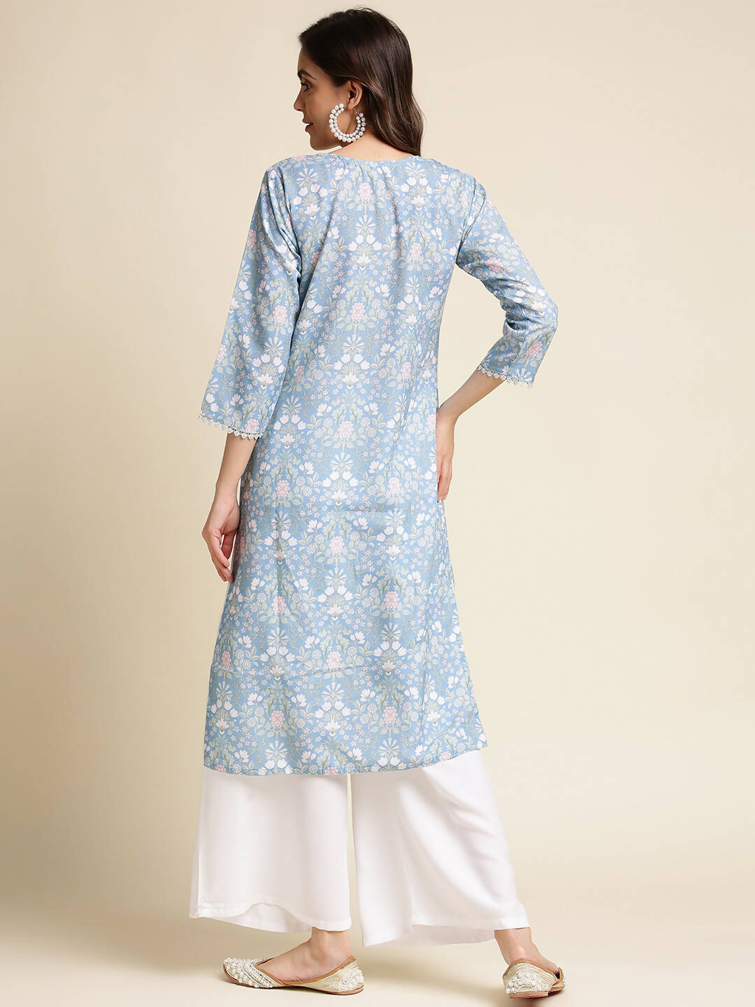 Blue Linen Floral Printed Straight Fit Kurta - Prasuti | Grocsy