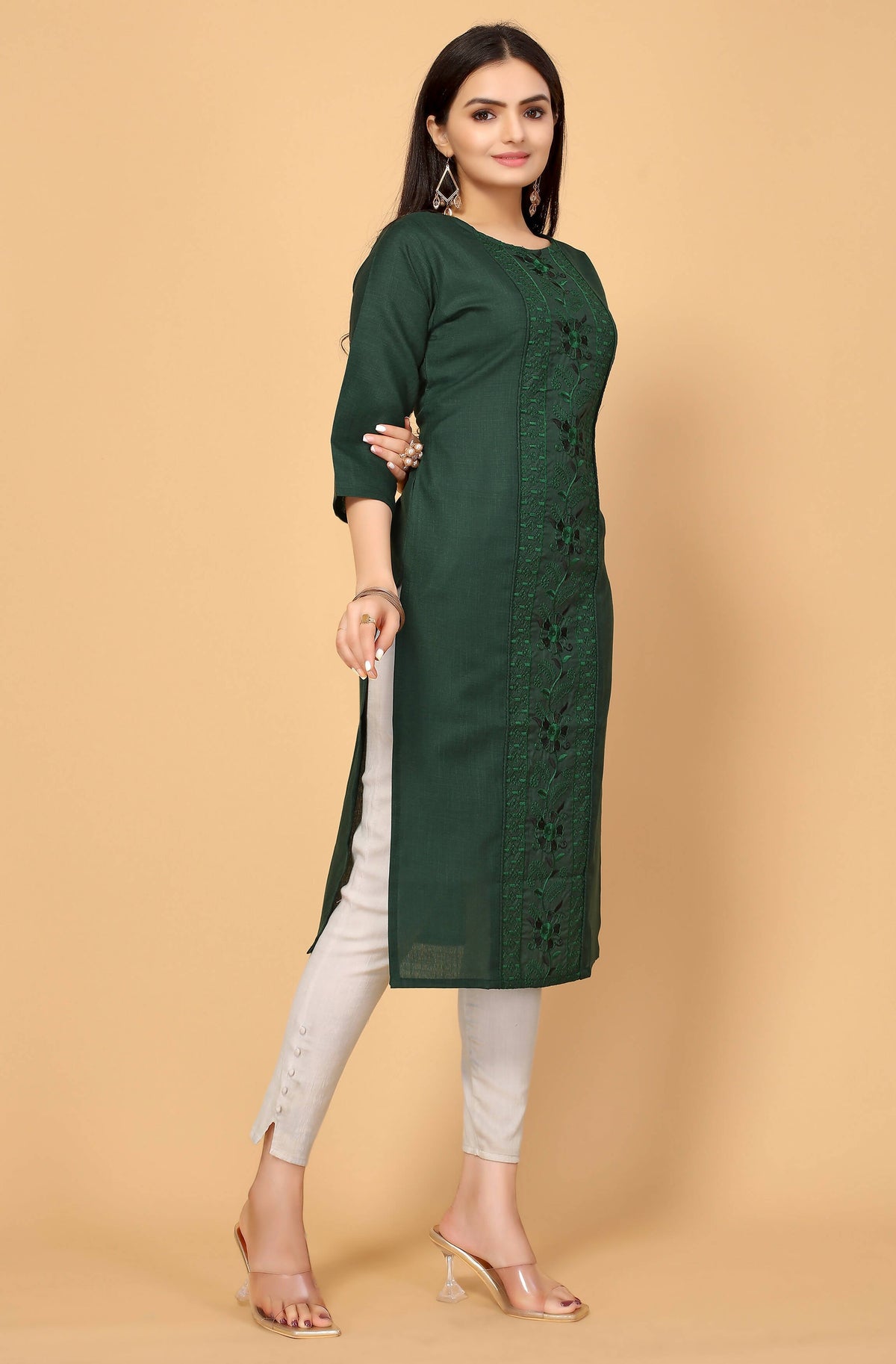 Dark Green Cottan Slub Embroidery Kurti - Umi | Grocsy