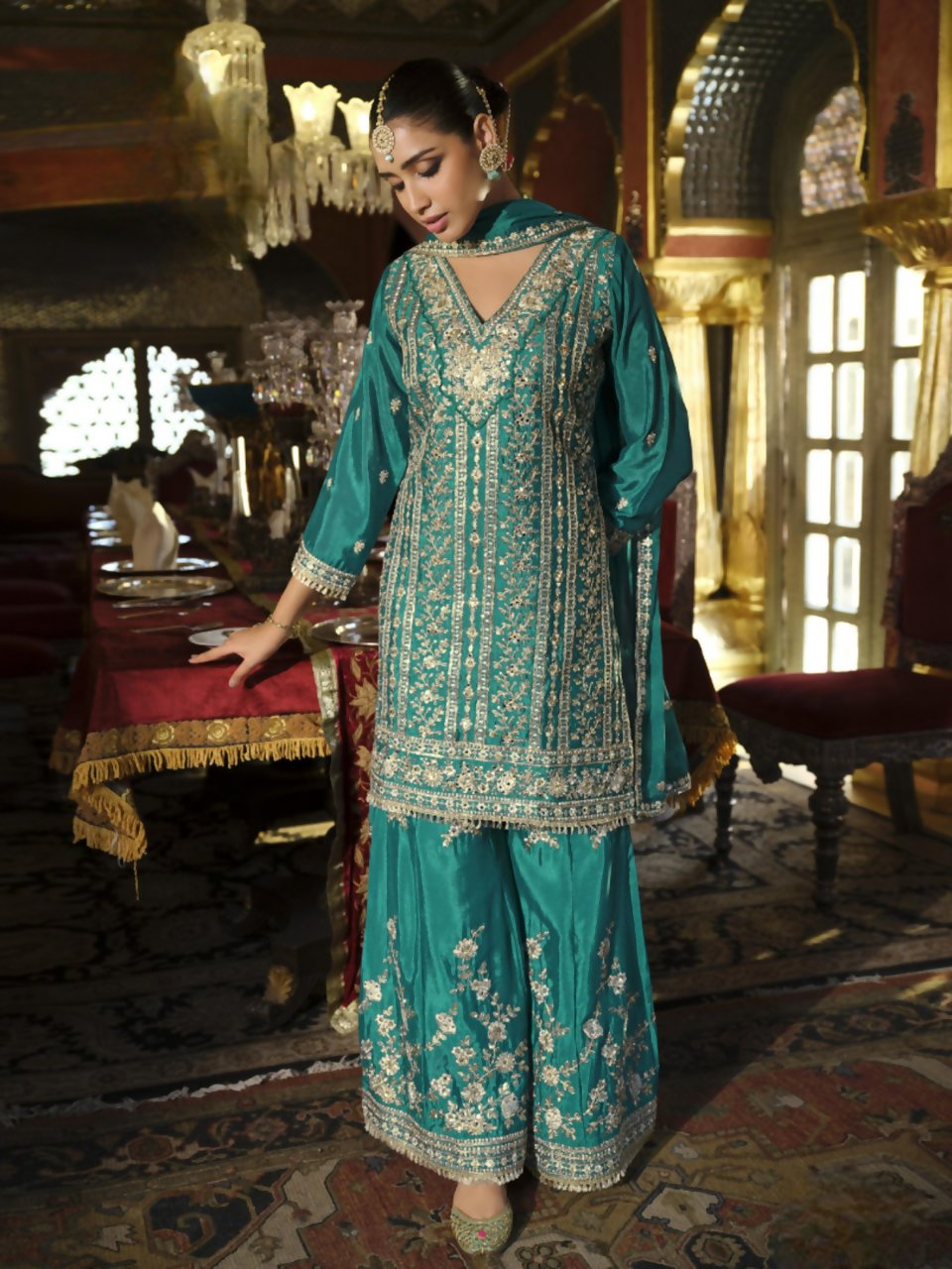 Anaita Sky-Blue Heavy Chinon Readymade Palazzo Suit with Heavy Embroidery Work | Grocsy