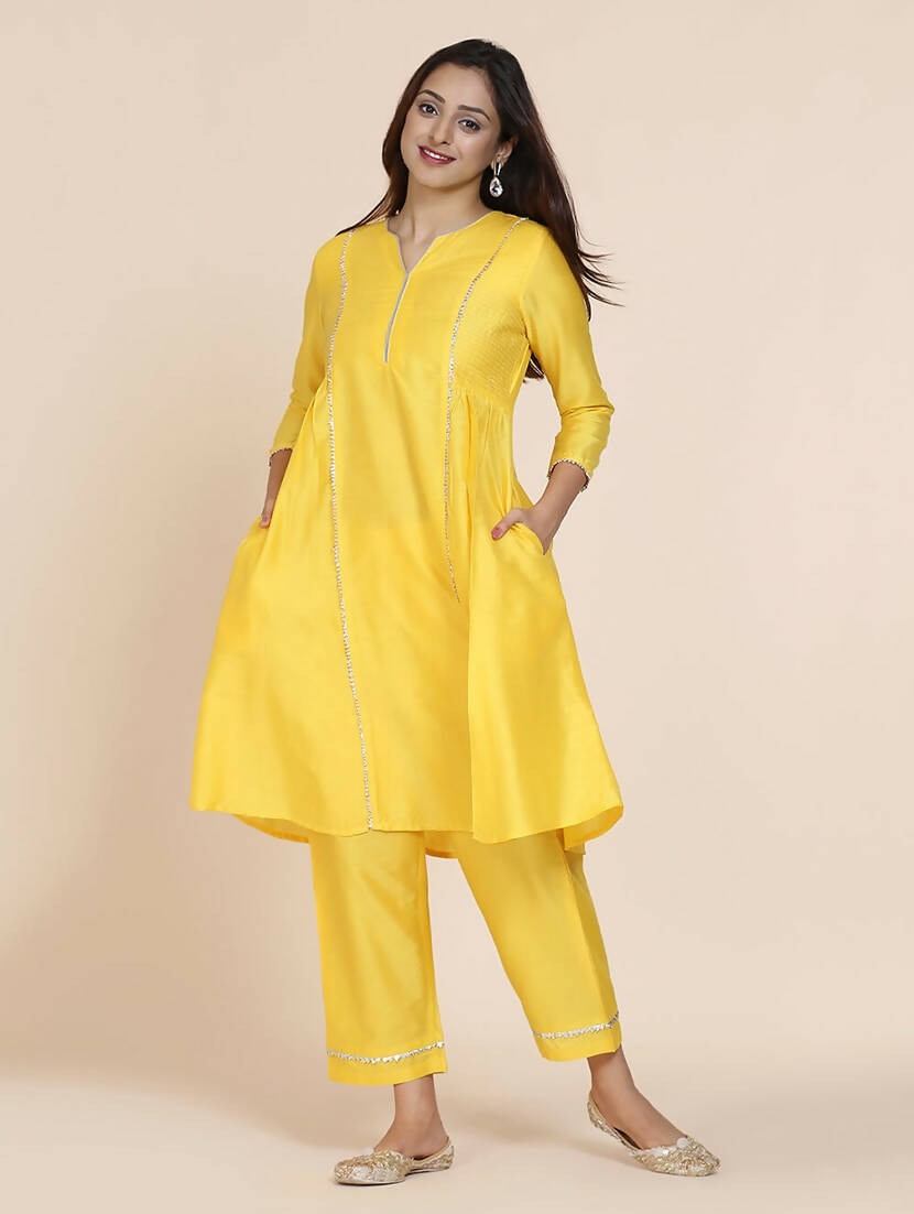 Cheera Women's Yellow Silk Blend With Gota Work Frock Dress With Silk Straight Pant Set | Grocsy