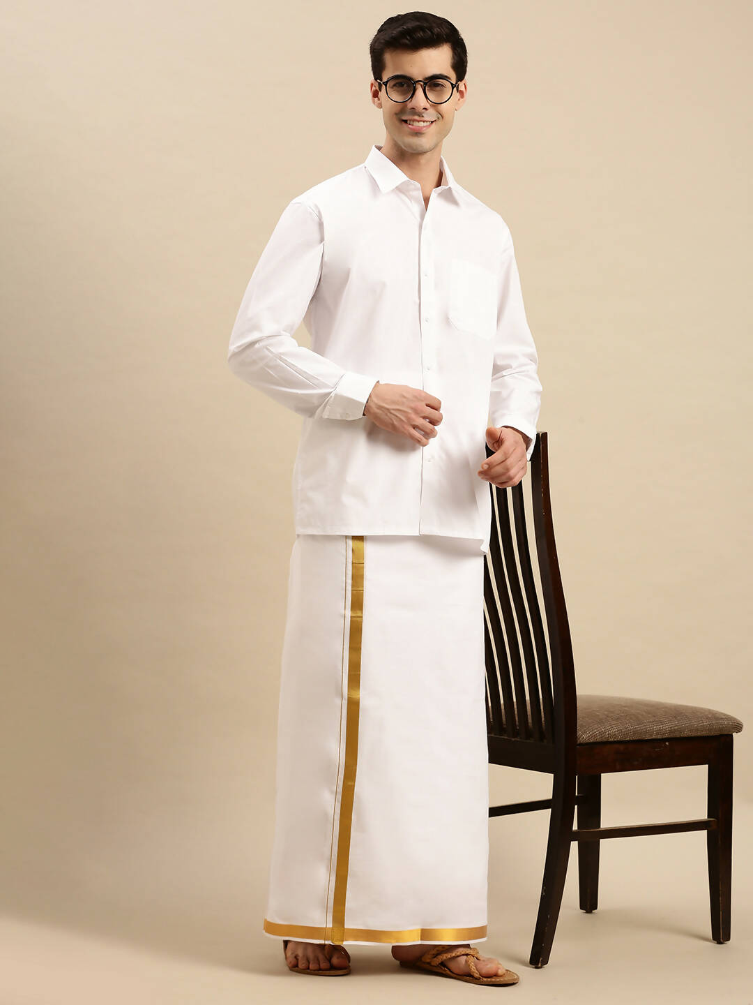 Ramraj Cotton Mens Pure Cotton 1 Inch Gold Jari Dhoti - White | Grocsy