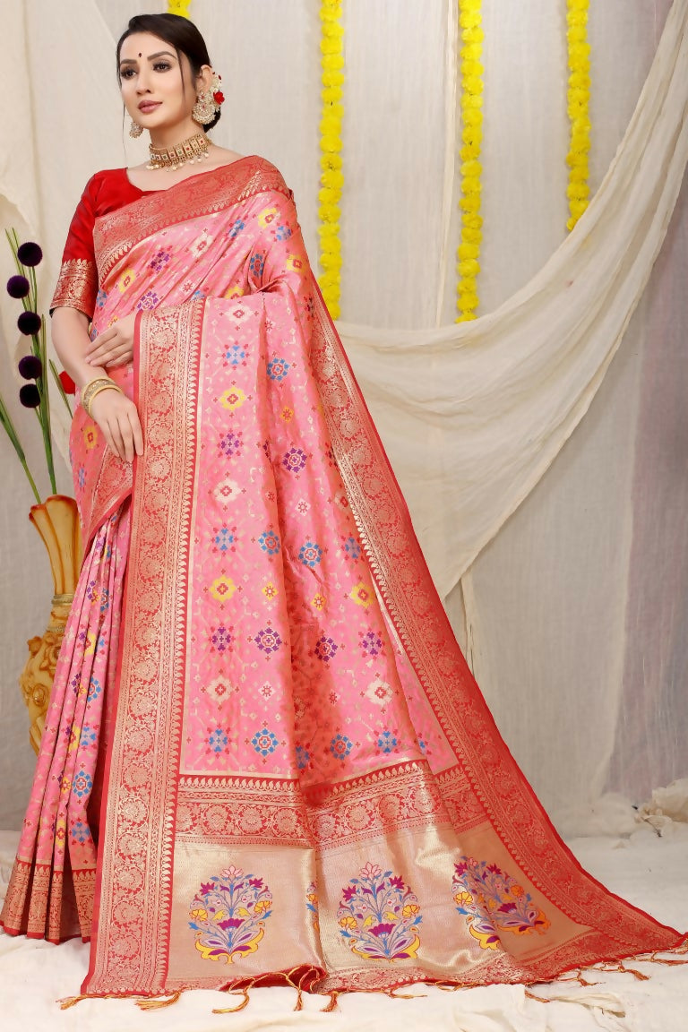 Jyoti Fashion Women's Baby Pink Patola Silk Zari Woven Saree with Blouse | Grocsy