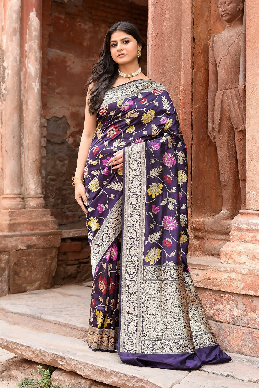 Joban Fashion Plum Purple Pure Katan Pure Handloom Banarasi Silk Saree | Grocsy