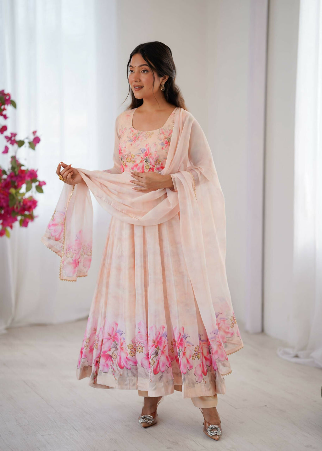 Teeya Creation Womens New Organza Soft Taby Silk Heavy Quality Fabric With Digital Print Baby-Pink Gown Set | Grocsy