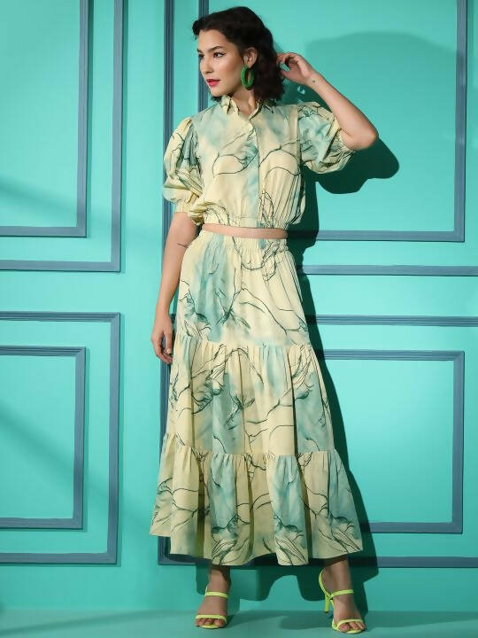 Green Rayon Tie dye Printed Top with Matching Skirt - Shivani | Grocsy