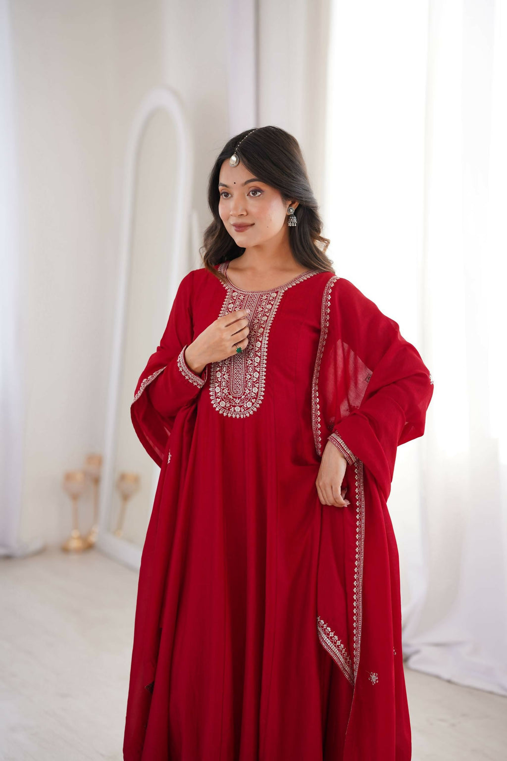Teeya Creation Maroon Color Vichitra Silk Embroidery Work Party Wear Long Gown | Grocsy