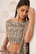 Eilara Chocolate Brown Net White Thread Zari Sequence Embroidered Work Lehenga Choli | Grocsy