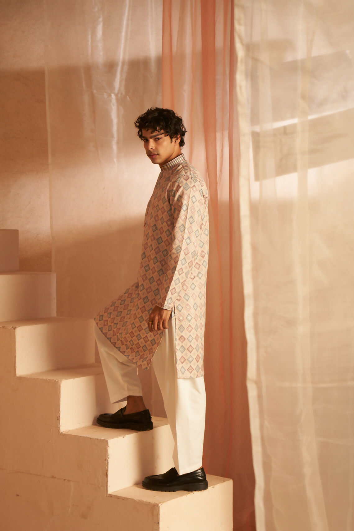 Cream Viscose Wevon Designer Men's Kurta Set - Mahotsav | Grocsy