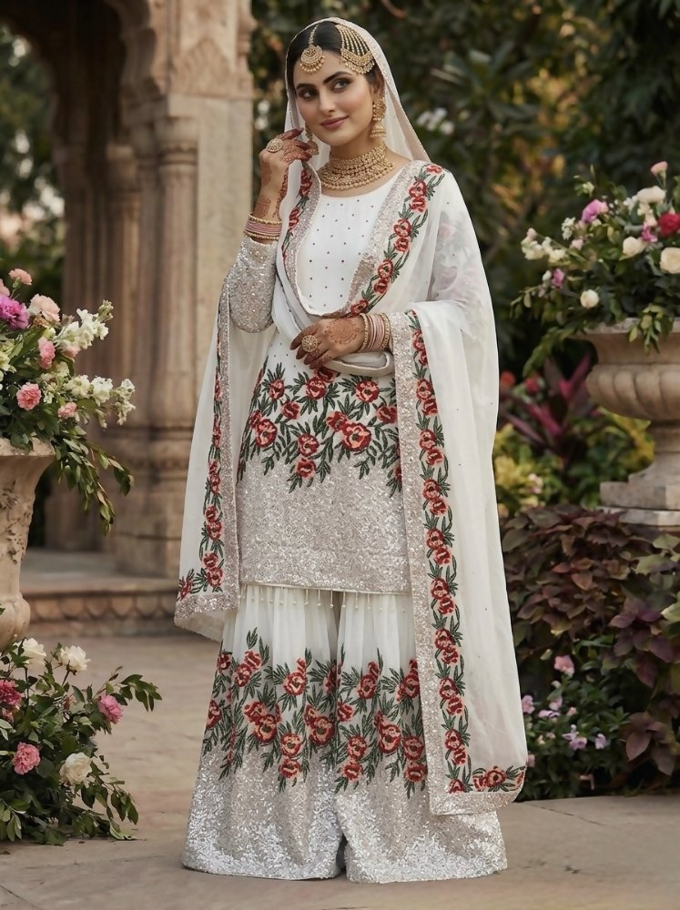 Teeya Creation White Fendy Silk Heavy Embroidery Work Party Wear Sharara Suit | Grocsy