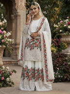 Teeya Creation White Fendy Silk Heavy Embroidery Work Party Wear Sharara Suit | Grocsy