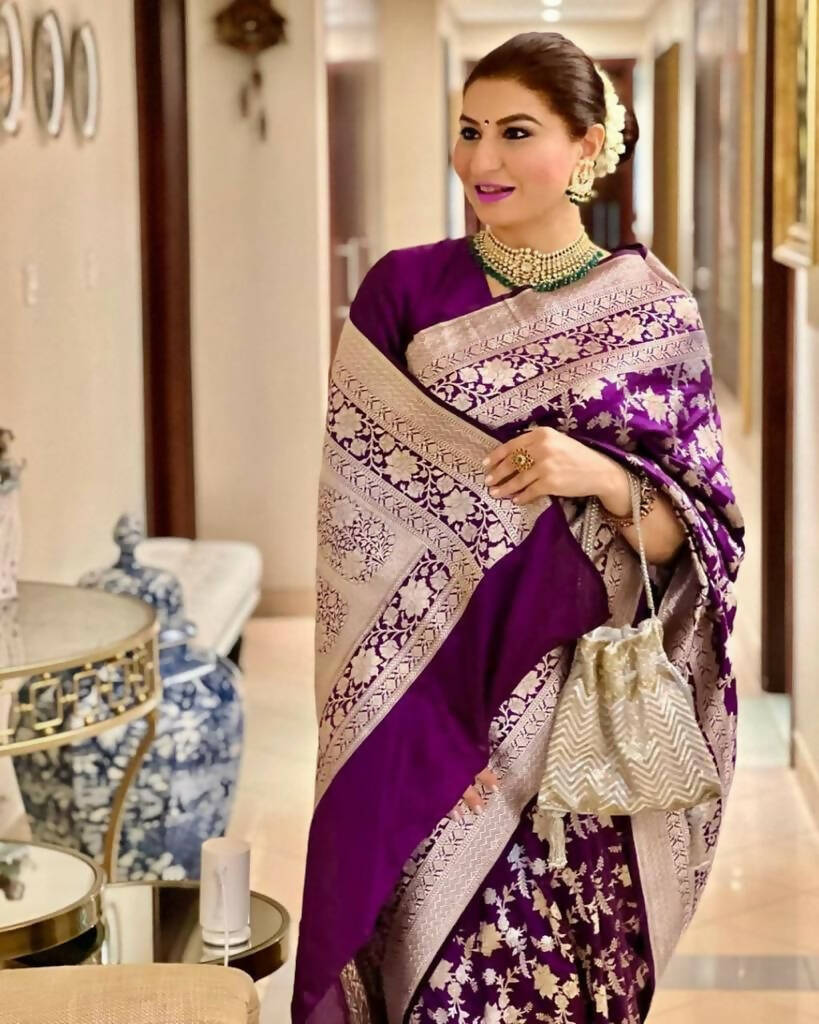DEIANA'S Beautiful Designer Golden zari Soft Lichi Silk Saree - Wine | Grocsy