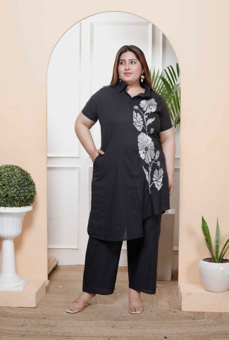 Miravan Women's Plus Size Black Pure Cotton Floral Embroidered High Low Co-Ord Set | Grocsy