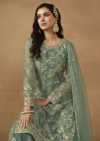 Sea Green Net Embroidered Wedding Festive Gharara Suit - Emponline | Grocsy