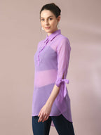 Myshka Women's Lavender Solid Georgette Longline Party Sheer Tunic | Grocsy