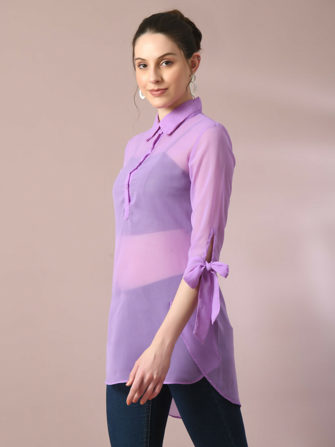 Myshka Women's Lavender Solid Georgette Longline Party Sheer Tunic | Grocsy