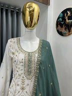 Teeya Creation White Color Faux Georgette Embroidery Work Long Party Wear Palazzo Suit | Grocsy