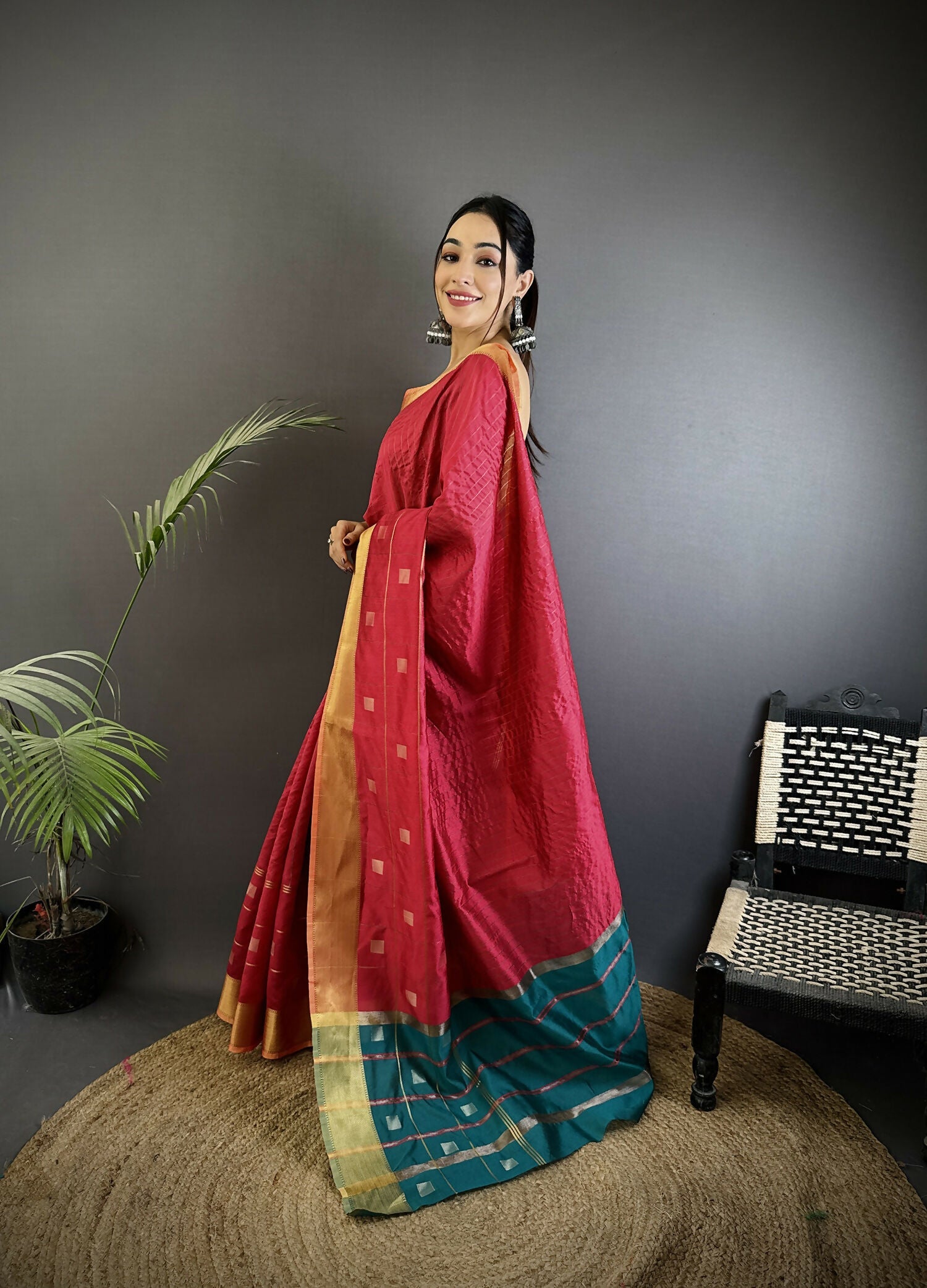 Joban Fashion Hot Pink Bhagalpuri Cotton Silk Stripes/Box Saree | Grocsy