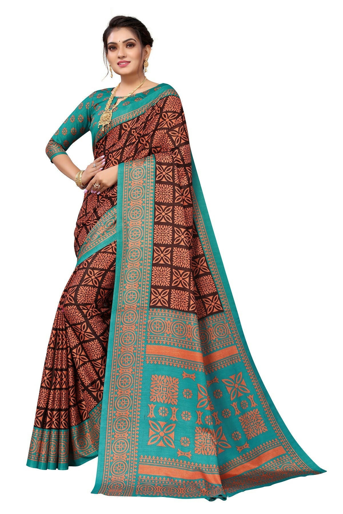 Vamika Brown Printed Art Silk Saree | Grocsy
