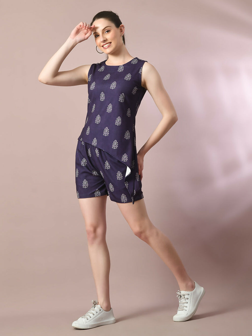 Myshka Women's Blue Printed Round Neck Party Top With Shorts Co-ord set | Grocsy