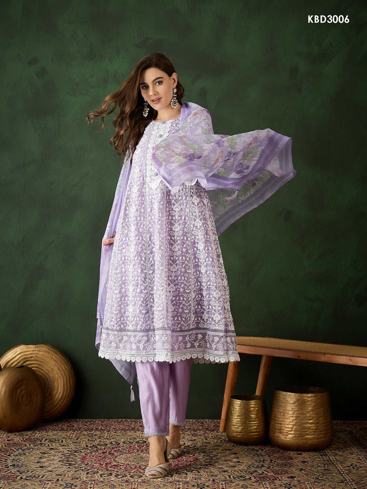 Lavender Crystal Organza schiffli embroidery Kurta With Trouser & Dupatta - Bhumi | Grocsy