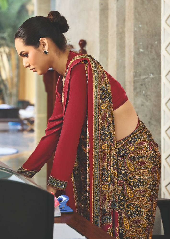 Joban Fashion Mustard Crepe Silk with Traditional Print Saree | Grocsy
