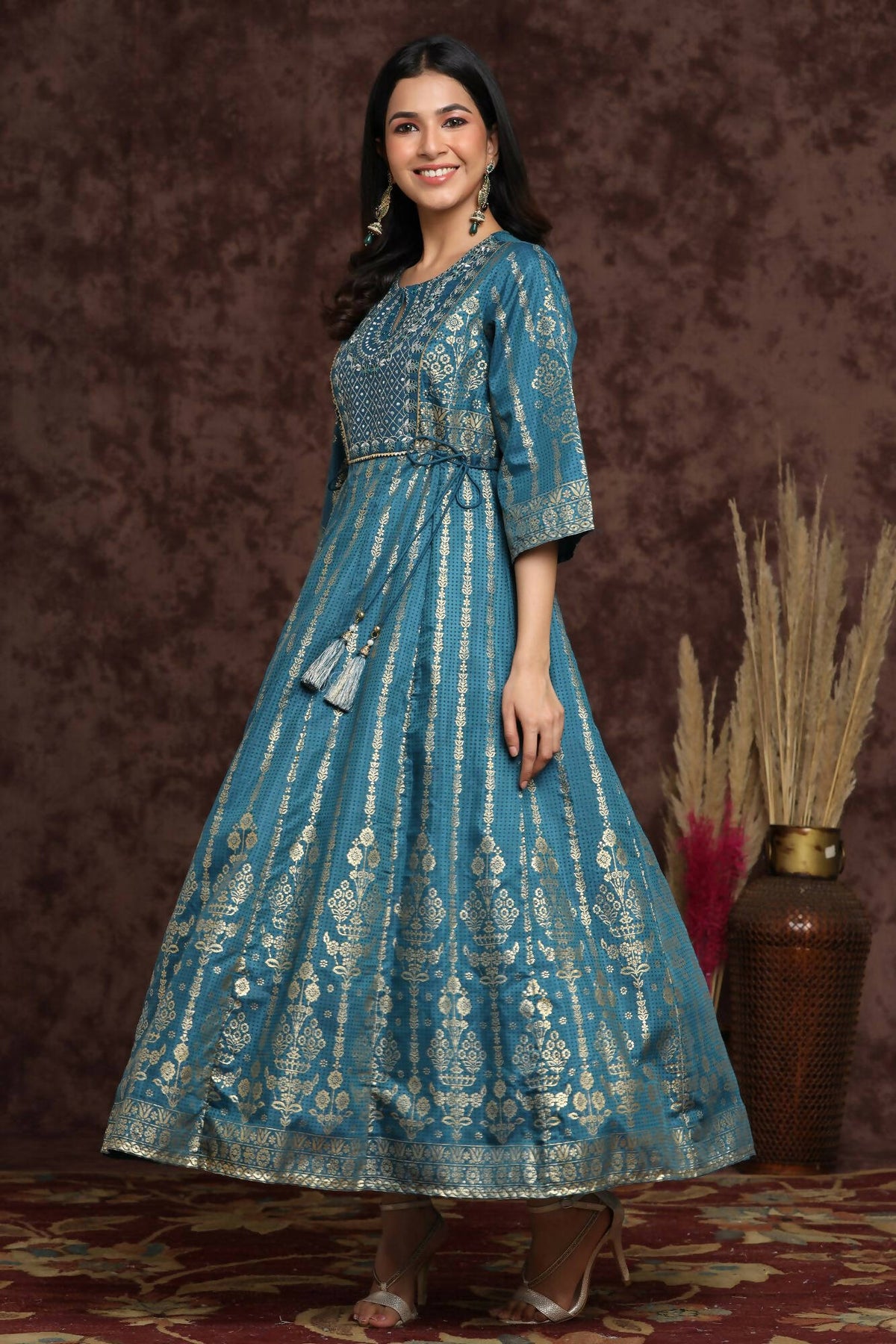 Juniper Women Teal Shantoon Printed Anarkali Dress | Grocsy