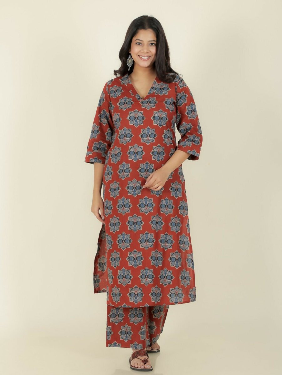 Aramya Red Soft Cotton Ajrakh Straight Kurta for Women | Grocsy