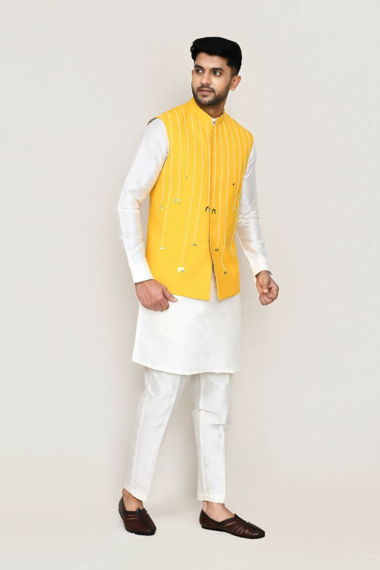 Joban Fashion White Colored Art Silk Fabric Kurta, Jacket With Straight Fit Pant | Grocsy
