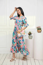 Myshka Women Multi Floral Polyester A-Line V-Neck Dress | Grocsy