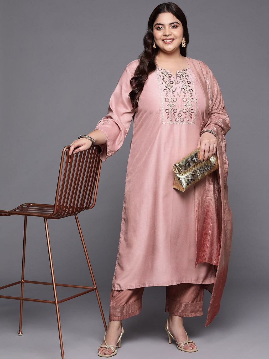 Sztori Plus Size Geometric Yoke Design Straight Kurta & Trousers With Dupatta | Grocsy