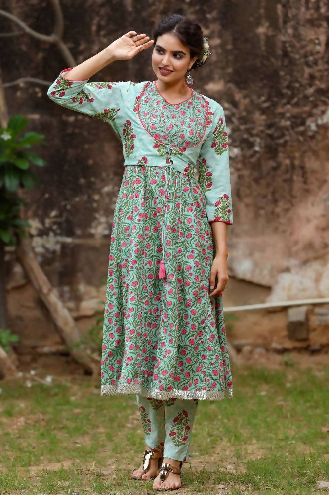Yufta Women Grey Handblock A-Line Kurta with Trouser | Grocsy
