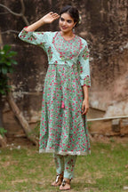Yufta Women Grey Handblock A-Line Kurta with Trouser | Grocsy
