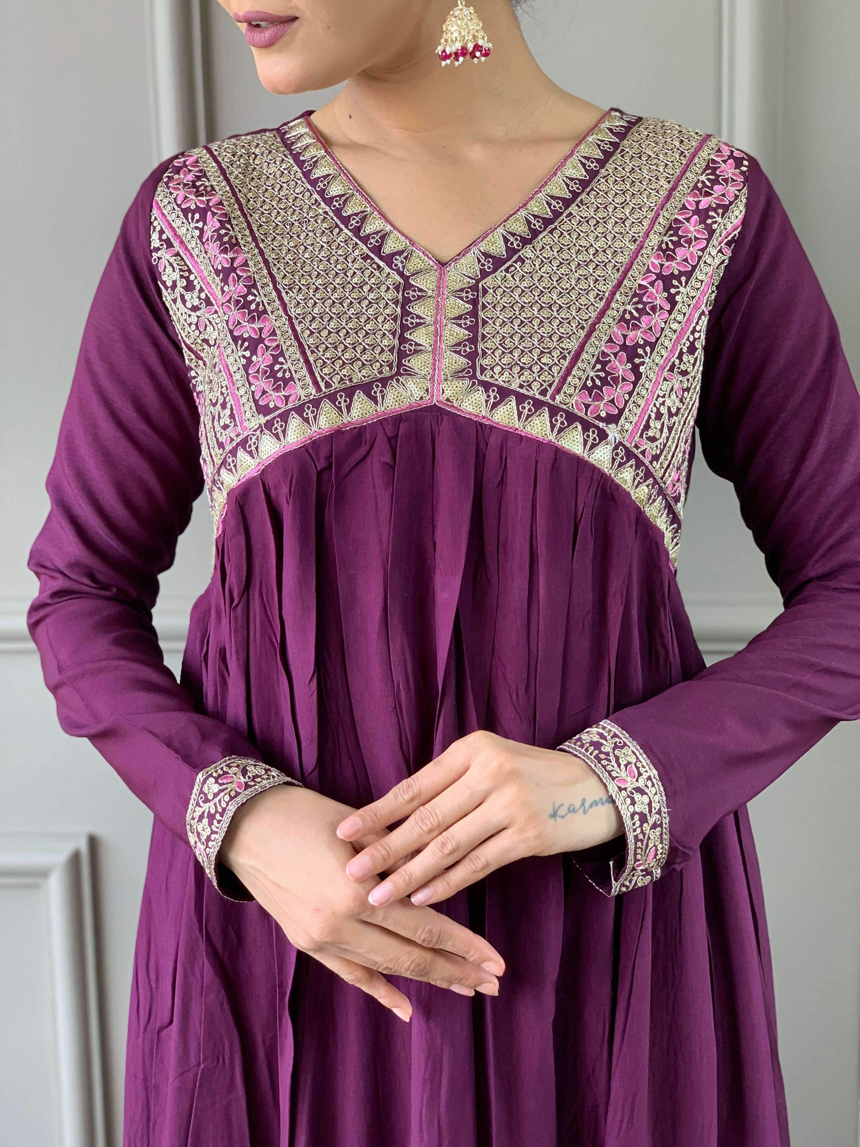 Partywear Designer Viscose Wine Stitched Suit With Dupatta - Tanisha | Grocsy