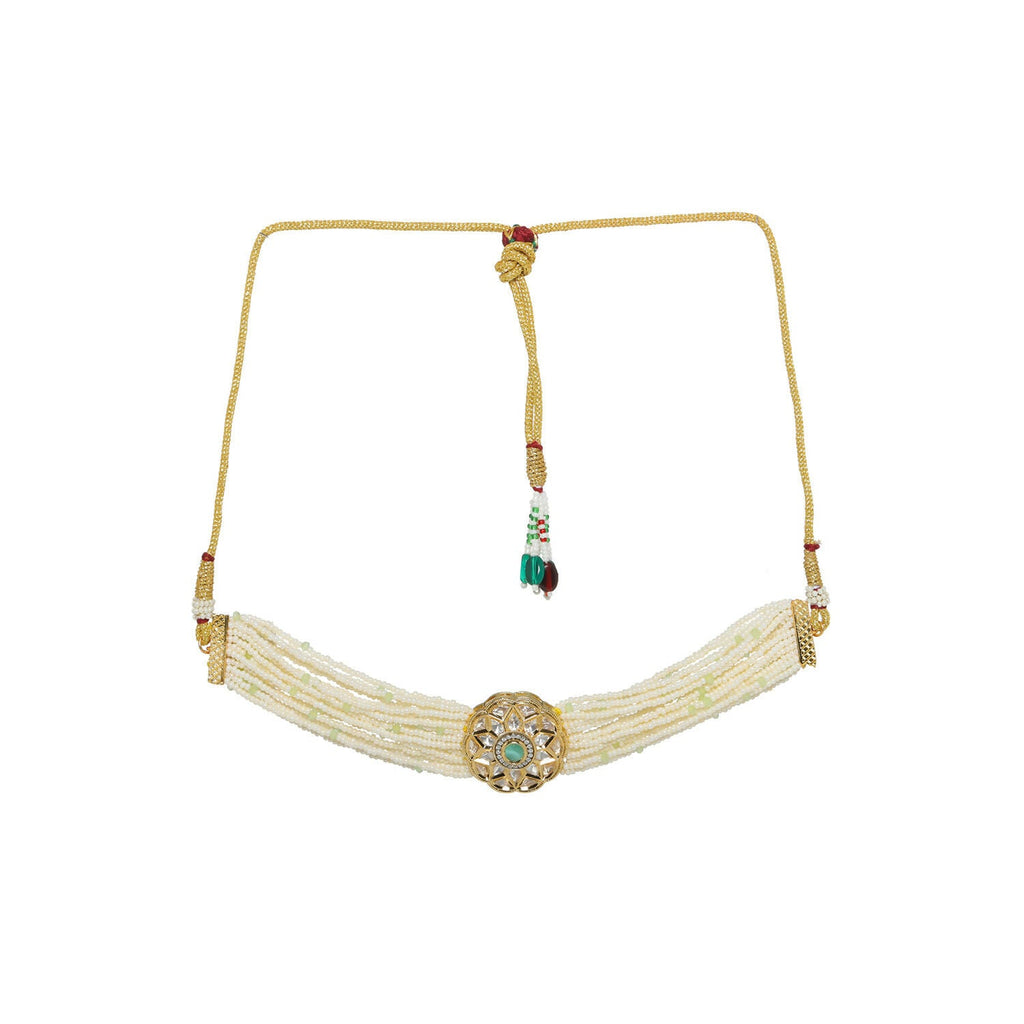 Pearl and Kundan Choker with Intricate Flower Design (White) - Ruby Raang | Grocsy