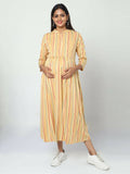 Manet Three Fourth Maternity Dress Striped With Concealed Zipper Nursing Access - Yellow | Grocsy