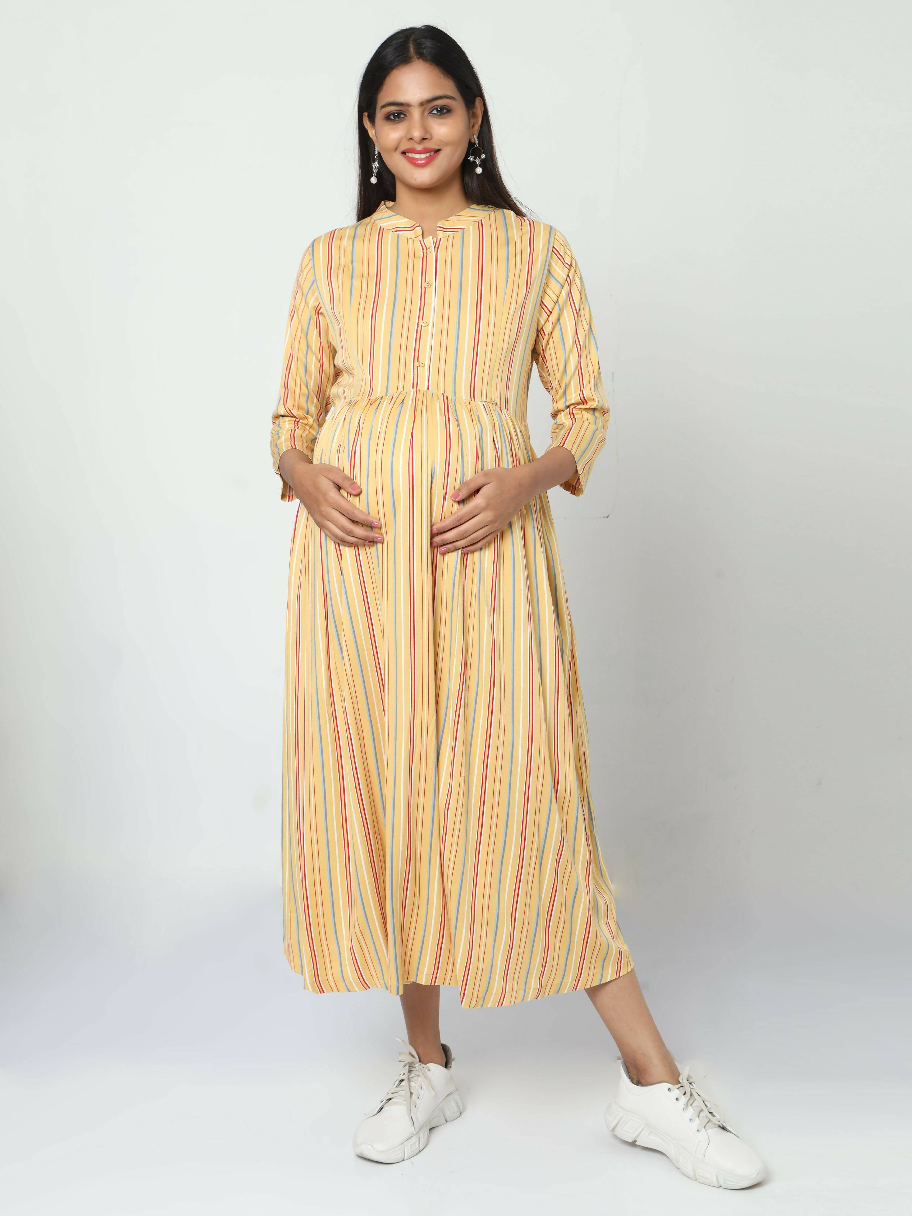 Manet Three Fourth Maternity Dress Striped With Concealed Zipper Nursing Access - Yellow | Grocsy