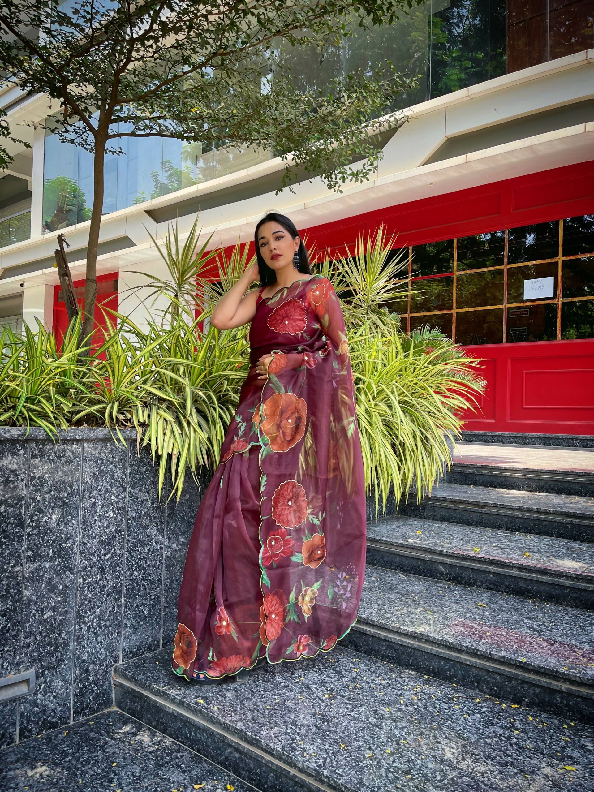 Vamsee Brijbala Maroon Organza Saree | Grocsy