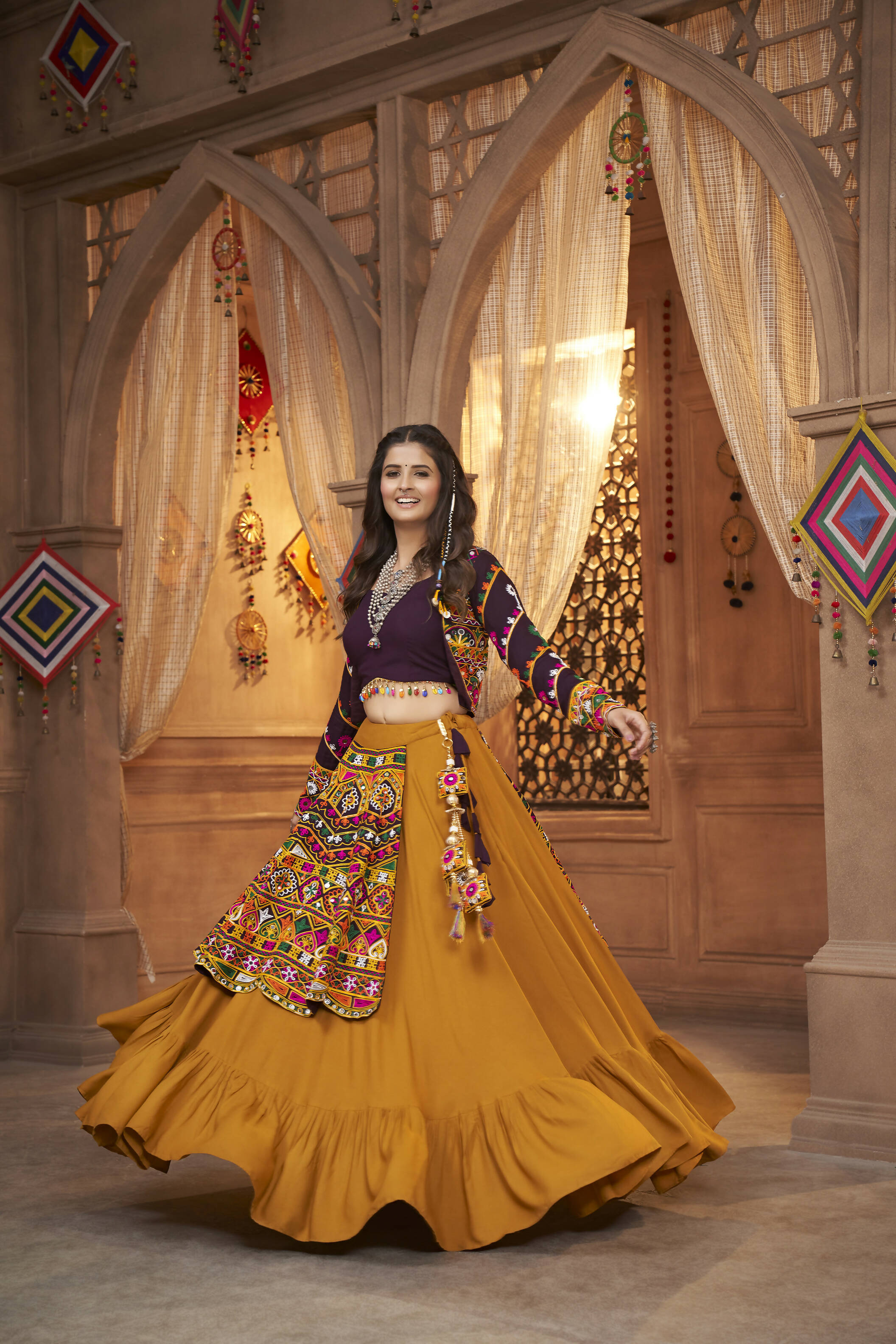 Mustared Yellow Viscose Rayon Thread Embroidered Work With Mirror All Over Navratri Lehenga Choli With Dupatta - Raas | Grocsy