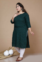 Miravan Women's Plus Size Green Embroidered Straight Kurti | Grocsy