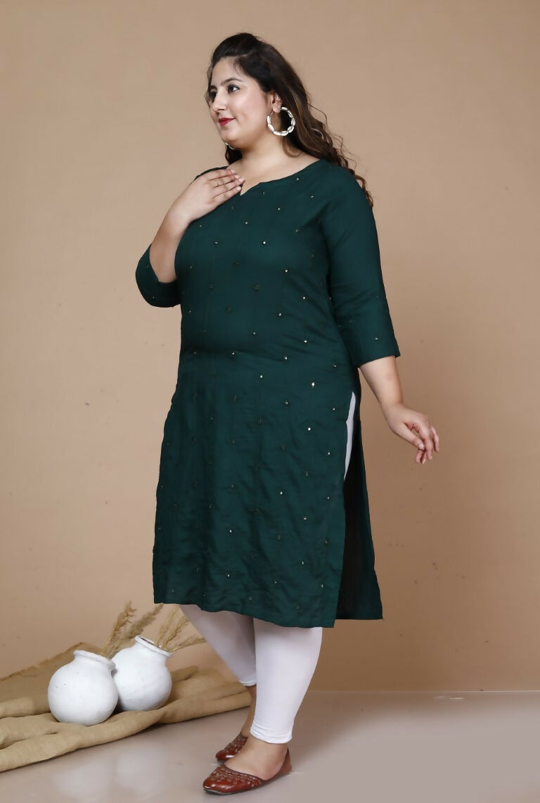 Miravan Women's Plus Size Green Embroidered Straight Kurti | Grocsy