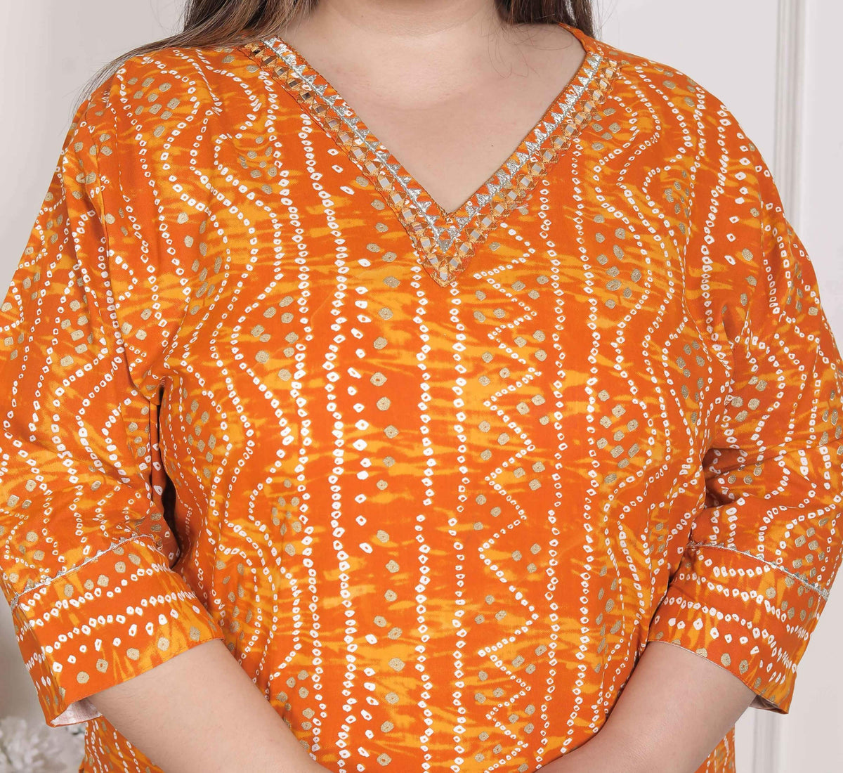 Miravan Women's Plus Size Yellow Bandhani Printed Straight Kurta | Grocsy