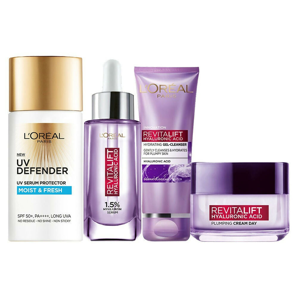 L'Oreal Paris Hyaluronic Acid Hydrating And Protecting CSMS (Cleanser, Serum, Moisturizer, Sunscreen) Regime Kit | Grocsy