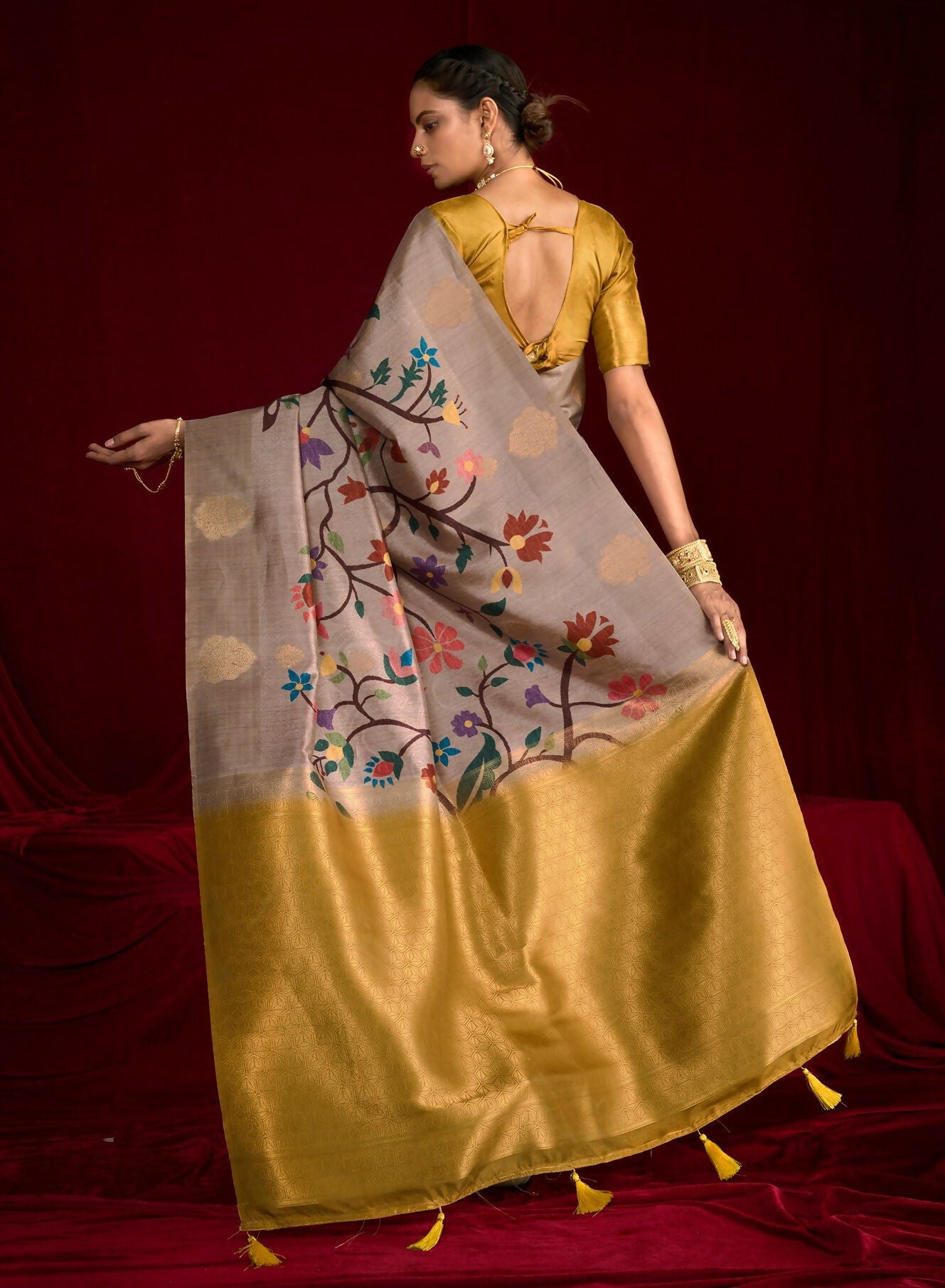 Joban Fashion Multi Color Soft Silk Weaving Fabric With Digital Jamdani Print With Jacquard Rich Pallu & Blouse With Spring Tassels | Grocsy