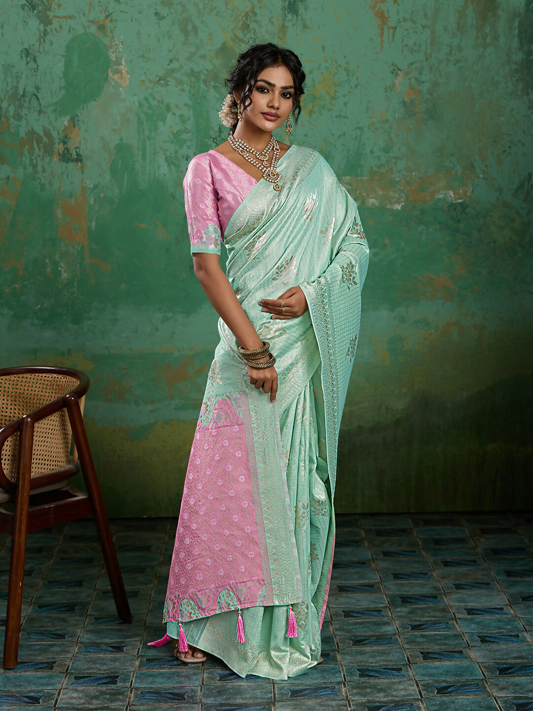 Shree Shyam Fashion Rama Green Linen Cotton Saree | Grocsy